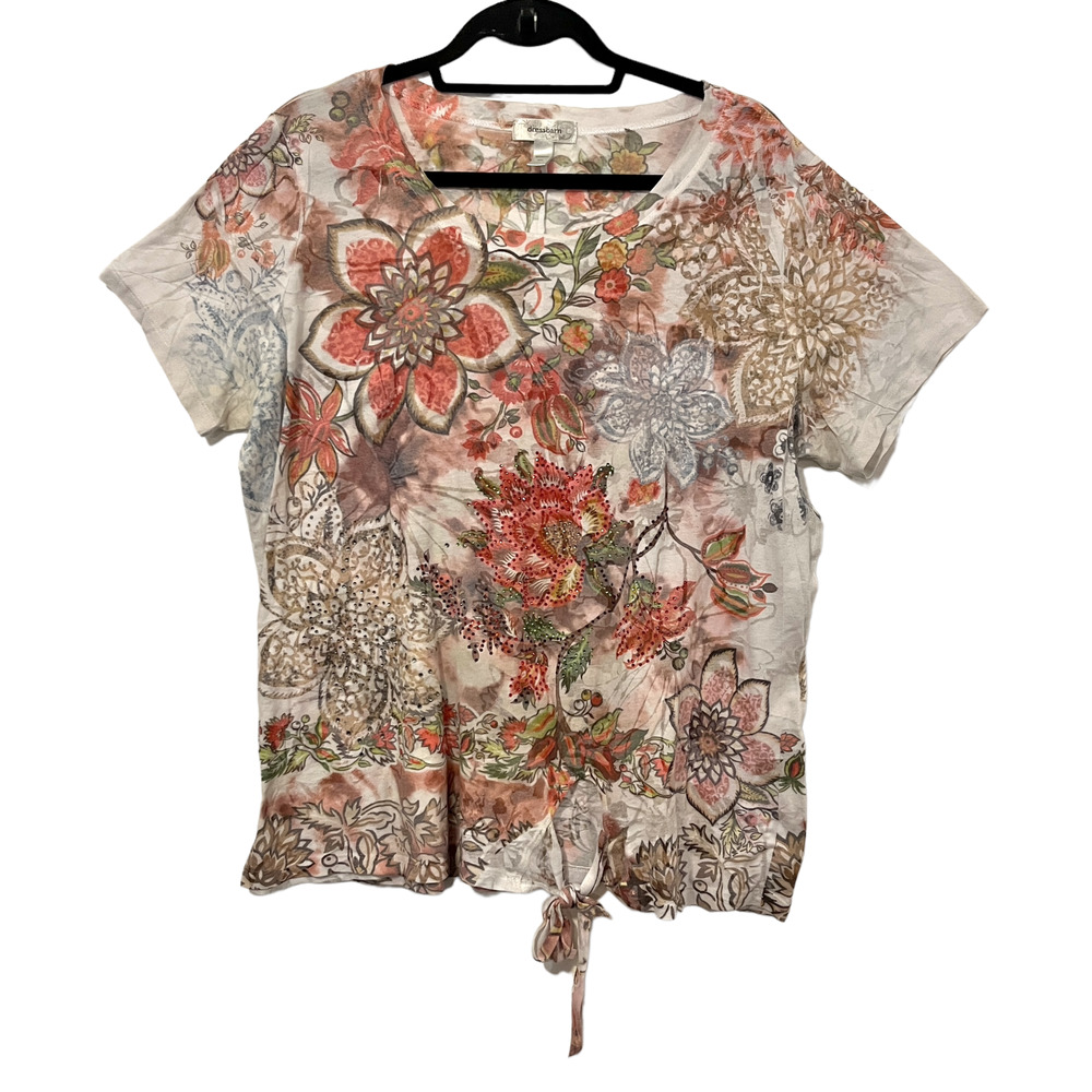 Dressbarn Top Plus 2X Floral Print Short Sleeves Round Neck Sparkle Tie Waist